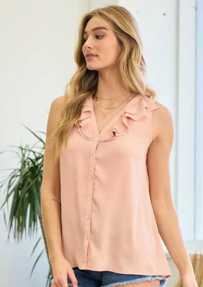 Ladies V-Neck Ruffle Woven Top