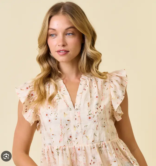 Ladies Floral Printed Ruffle Sleeve Top - Cream/Multi