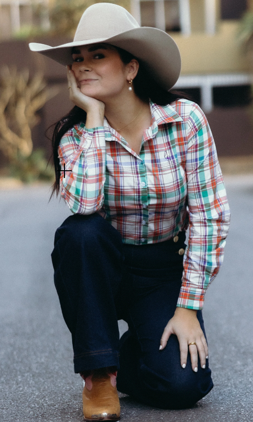 Lime & Soda Ivy L/S Shirt - Orange Green Plaid/Tailored Back Darts