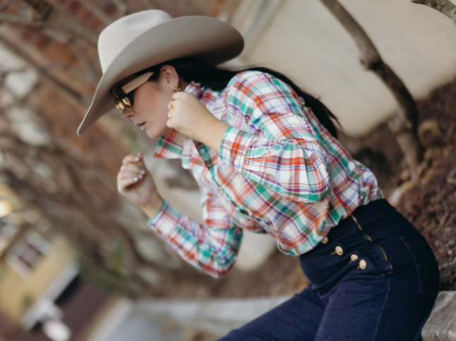 Lime & Soda Ivy L/S Shirt - Orange Green Plaid/Tailored Back Darts