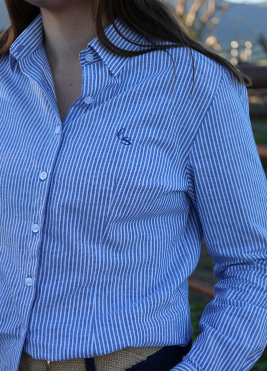 Lime & Soda Arabella Cotton/Linen L/S Shirt  - Navy Stripe/Tailored Darts