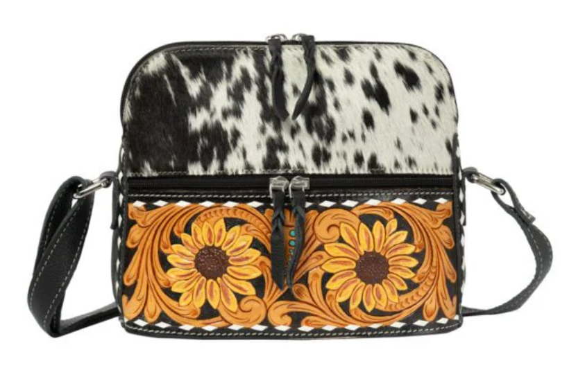 The Design Edge Frontera – Black & White Cowhide Sunflower Tooling Leather Sling Bag