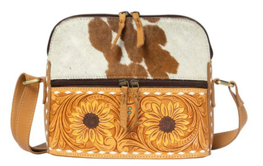 The Design Edge Frontera – Tan & White Cowhide Sunflower Tooling Leather Sling Bag