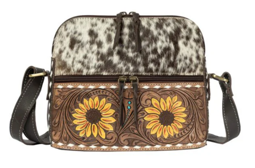 The Design Edge Frontera – Brown & White Cowhide Sunflower Tooling Leather Sling Bag