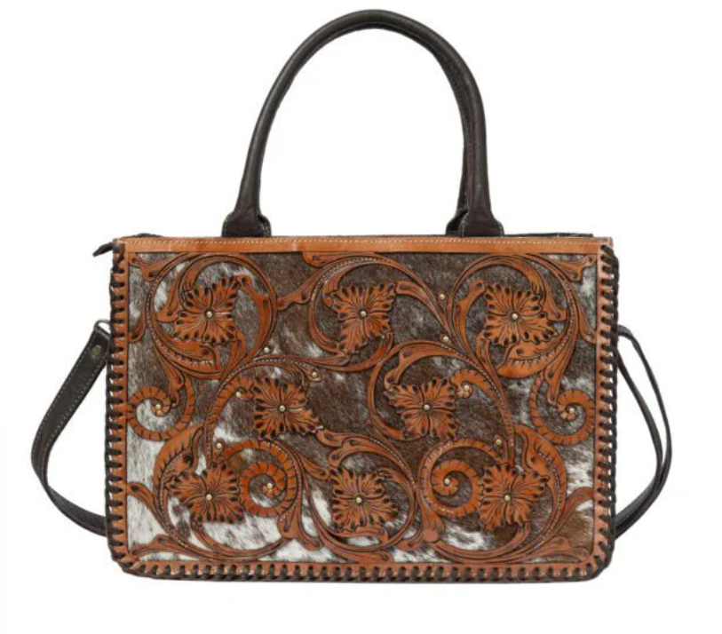 The Design Edge Sicily – Brown & White Cowhide and Tooled Cutwork Leather Big Bag