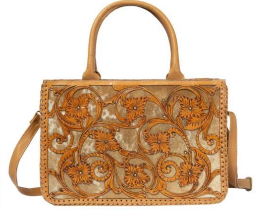 The Design Edge Sicily – Tan & White Cowhide and Tooled Cutwork Leather Big Bag