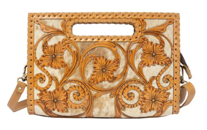 The Design Edge Messina – Tan & White Cowhide and Tooled Cutwork Leather Medium Bag
