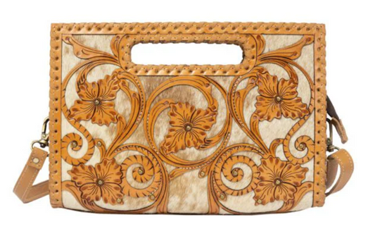 The Design Edge Messina – Tan & White Cowhide and Tooled Cutwork Leather Medium Bag
