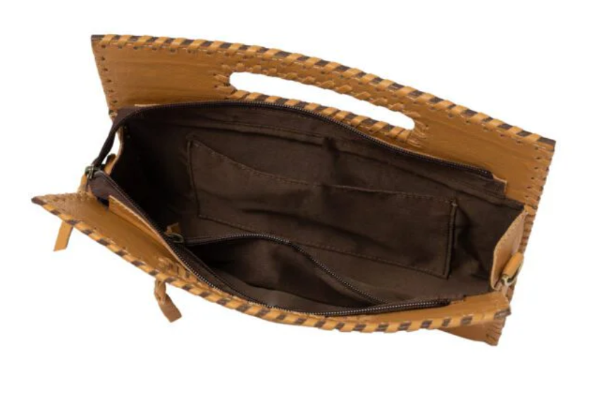 The Design Edge Messina – Tan & White Cowhide and Tooled Cutwork Leather Medium Bag