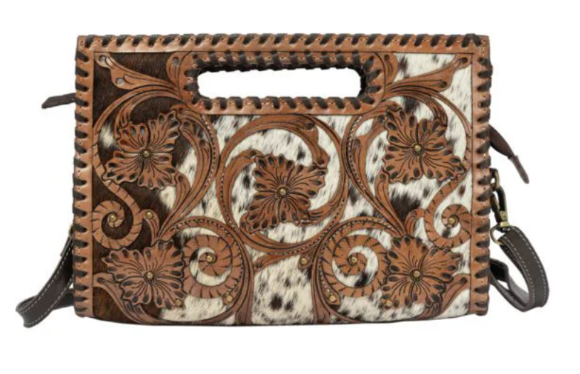 The Design Edge Messina – Brown & White Cowhide and Tooled Cutwork Leather Medium Bag