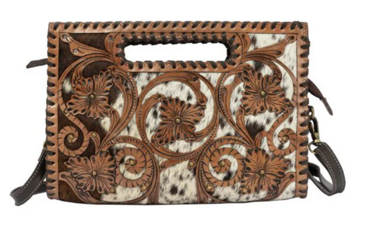 The Design Edge Messina – Brown & White Cowhide and Tooled Cutwork Leather Medium Bag