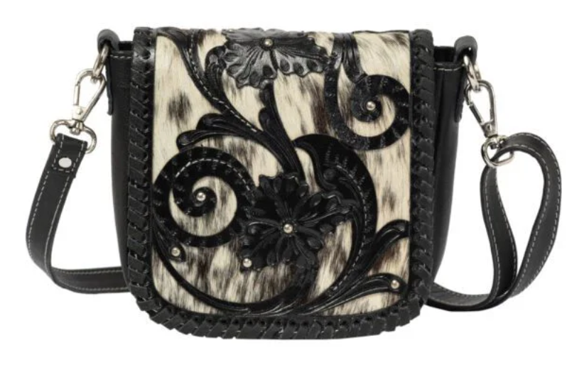 The Design Edge Catania – Black & White Cowhide and Tooled Cutwork Leather Flap Bag