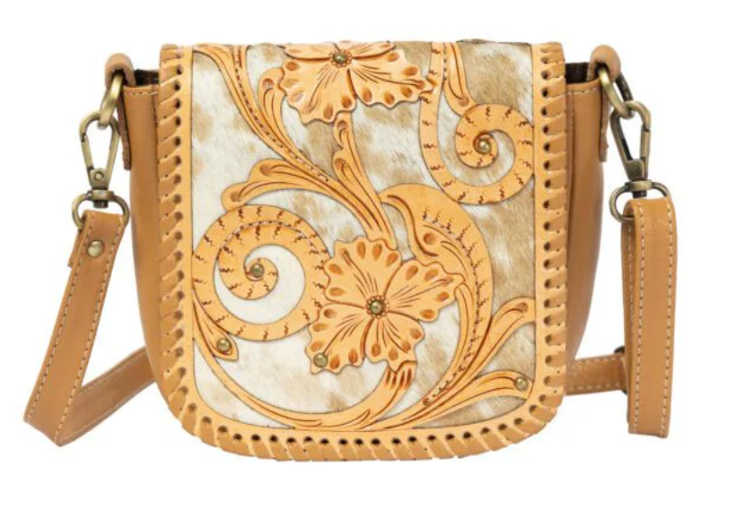 The Design Edge Catania – Tan & White Cowhide and Tooled Cutwork Leather Flap Bag