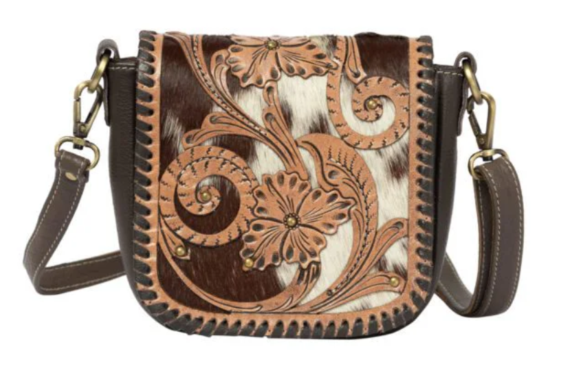 The Design Edge Catania – Brown & White Cowhide and Tooled Cutwork Leather Flap Bag