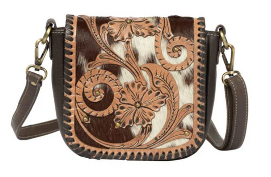The Design Edge Catania – Brown & White Cowhide and Tooled Cutwork Leather Flap Bag