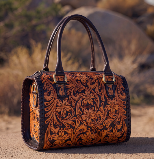 The Design Edge Miranda – Two Tone Hand Tooled Leather Speedy Bag