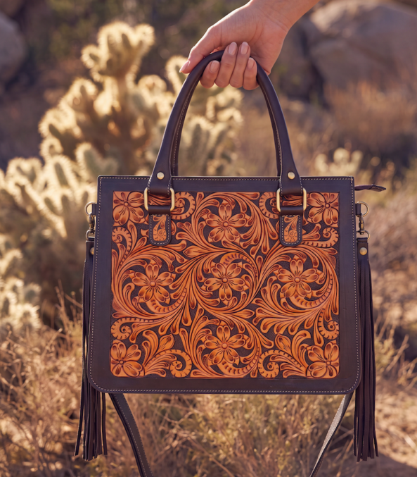 The Design Edge Carmen – Two Tone Hand Tooled Leather Tote Bag