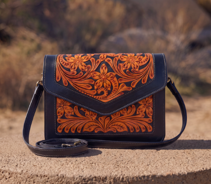 The Design Edge Condor – Two Tone Hand Tooled Leather Flap Bag