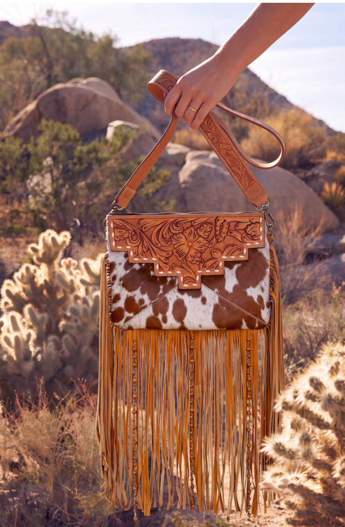 The Design Edge Machala – Tooling Leather Cowhide Sling Bag with Fringes and Buckstitch