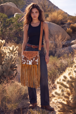 The Design Edge Machala – Tooling Leather Cowhide Sling Bag with Fringes and Buckstitch