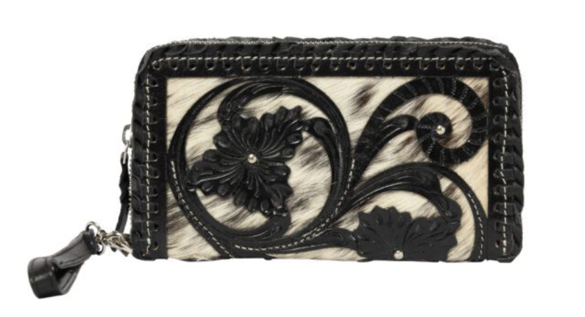The Design Edge Marsala – Black & White Cowhide and Tooled Cutwork Leather Wallet