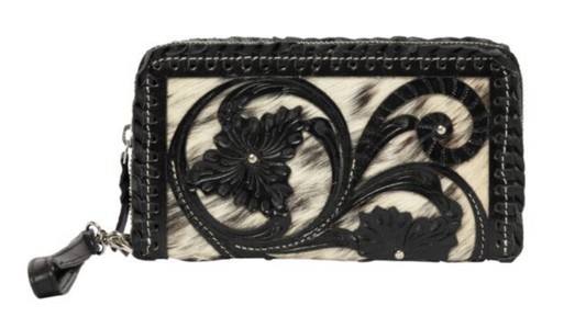 The Design Edge Marsala – Black & White Cowhide and Tooled Cutwork Leather Wallet