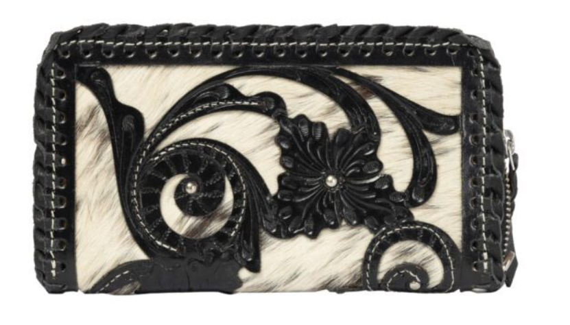 The Design Edge Marsala – Black & White Cowhide and Tooled Cutwork Leather Wallet