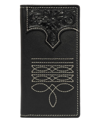 The Design Edge Nancy Black Tooled Leather Boot Stitch Slim Wallet