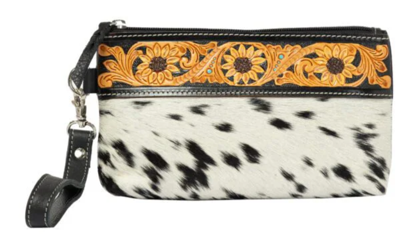 The Design Edge Rio – Black & White Cowhide Sunflower Tooling Leather Clutch