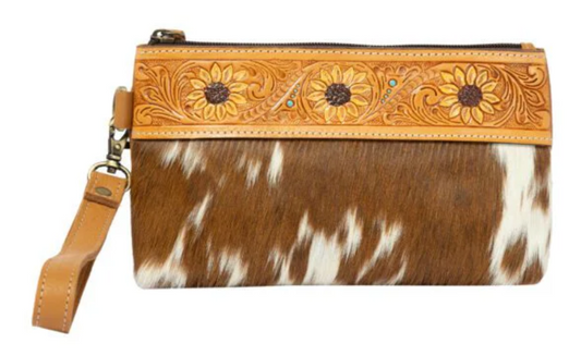 The Design Edge Rio – Tan & White Cowhide Sunflower Tooling Leather Clutch