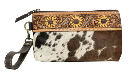 The Design Edge Rio – Brown & White Cowhide Sunflower Tooling Leather Clutch