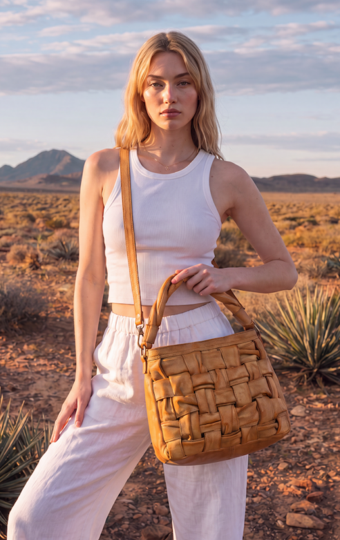 The Design Edge Ladies Callan Brown Woven Washed Leather Hobo Bag