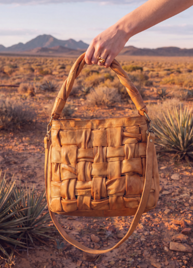 The Design Edge Ladies Callan Brown Woven Washed Leather Hobo Bag
