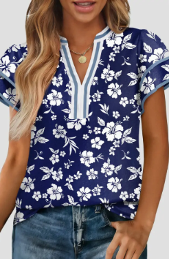 Floral Contrast Trim Ruffle Sleeve Blouse - Blue