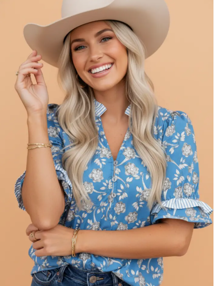 Floral Stripe Trim Tie-Neck Short Sleeve Blouse - Blue