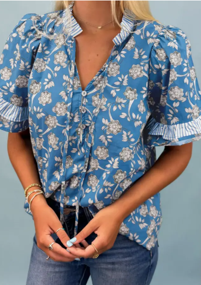Floral Stripe Trim Tie-Neck Short Sleeve Blouse - Blue