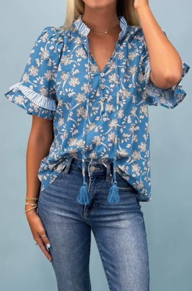 Floral Stripe Trim Tie-Neck Short Sleeve Blouse - Blue