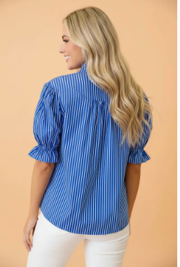 Stripe Ruffle Button Front Blouse - Blue Stripe