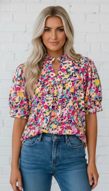 Flower Frilled Collar Puff Sleeve Blouse