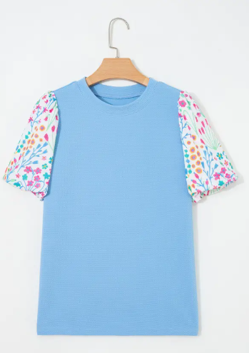 Floral Patchwork Textured Blouse - Light Blue
