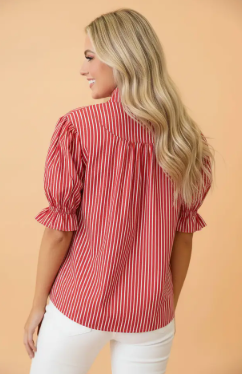 Stripe Ruffle Button Front Blouse - Red Stripe