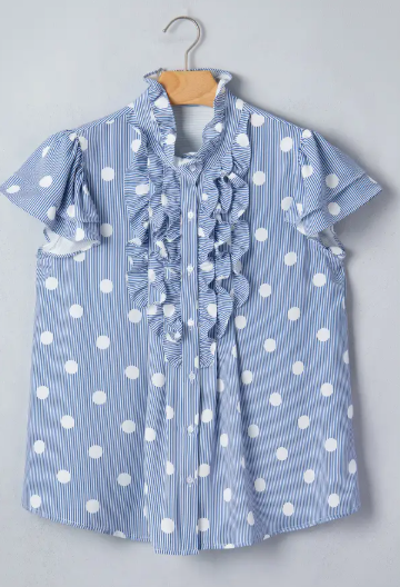 Stripe Contrast Polka Dot Ruffle Sleeve Shirt - Sky Blue