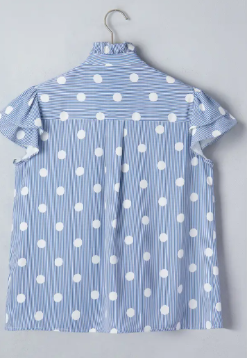 Stripe Contrast Polka Dot Ruffle Sleeve Shirt - Sky Blue