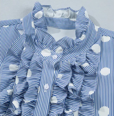 Stripe Contrast Polka Dot Ruffle Sleeve Shirt - Sky Blue
