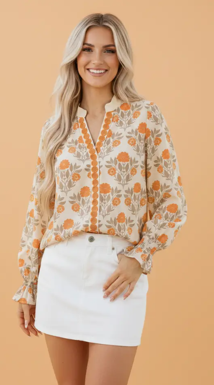 Floral Contrast Detail V-Neck Long Sleeve Blouse - Orange