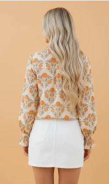 Floral Contrast Detail V-Neck Long Sleeve Blouse - Orange