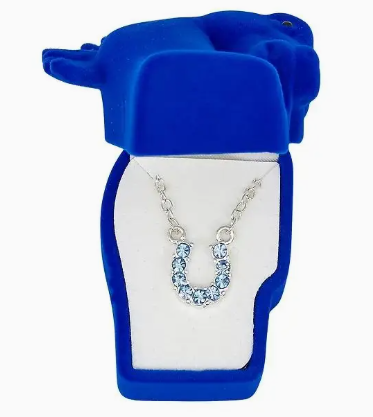 Aqua Rhinestone Horseshoe Necklace W/Horse Head Gift Box - Blue