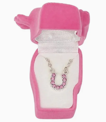 Aqua Rhinestone Horseshoe Necklace W/Horse Head Gift Box - Pink