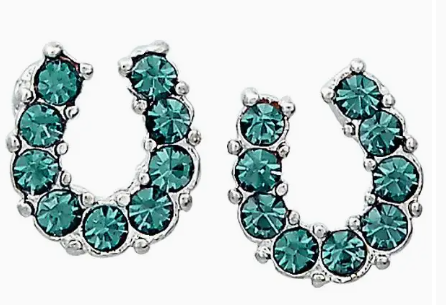 Rhinestone Horseshoe Earrings W/Horse Head Gift Box - Aqua
