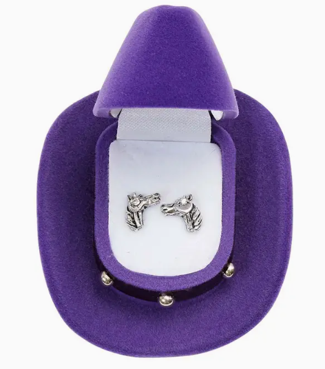 Horse Head Earrings W/Purple Cowboy Hat Gift Box